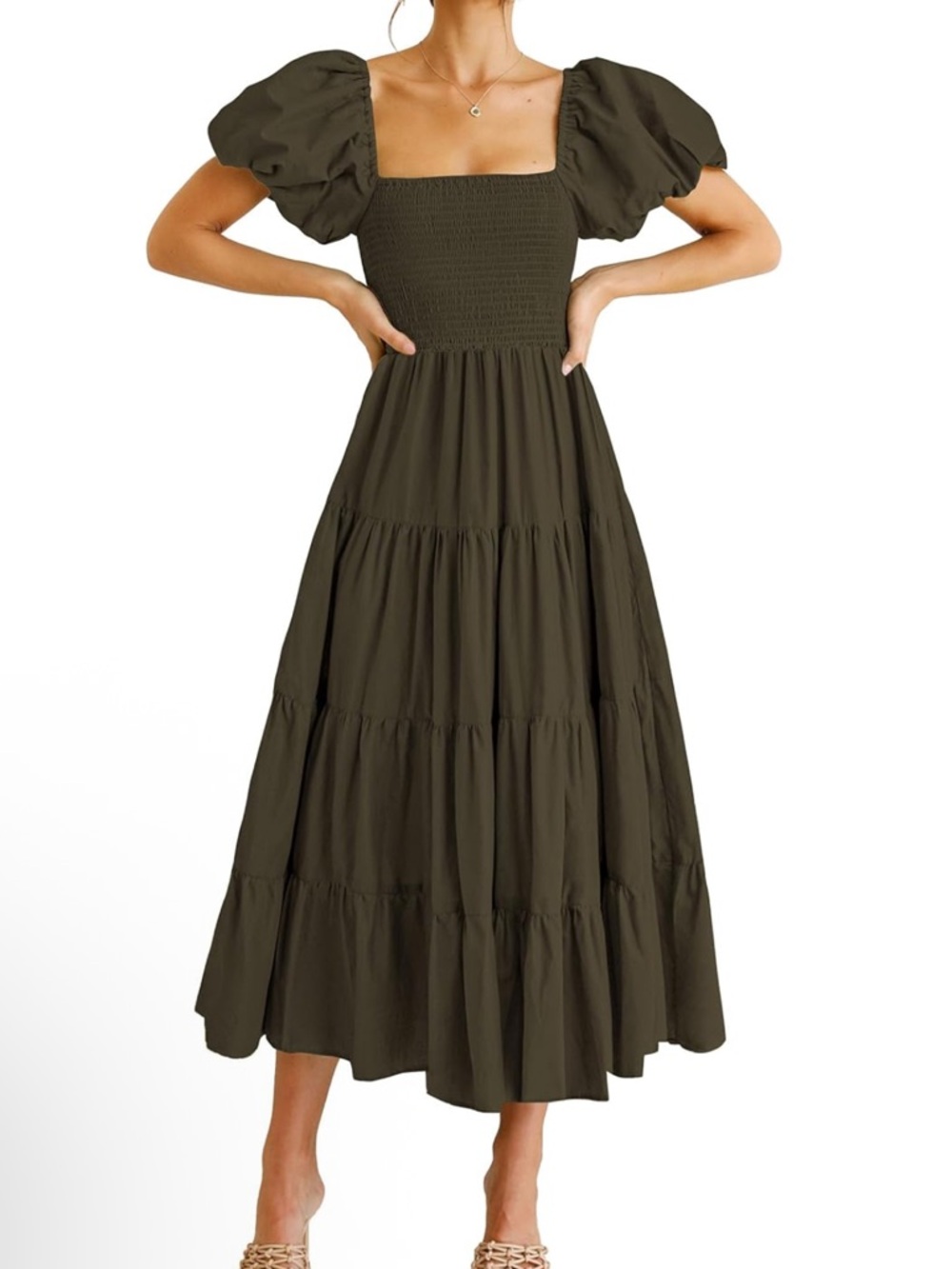 PRETTY GARDEN SZ LARGE Women’s Olive Puff-Sleeve Tiered Midi Dress